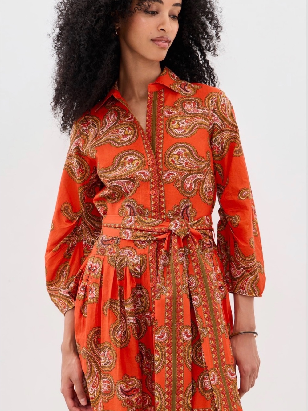 Cara Cara Orange Paisley Tie-Waist Mini Shirt Dress